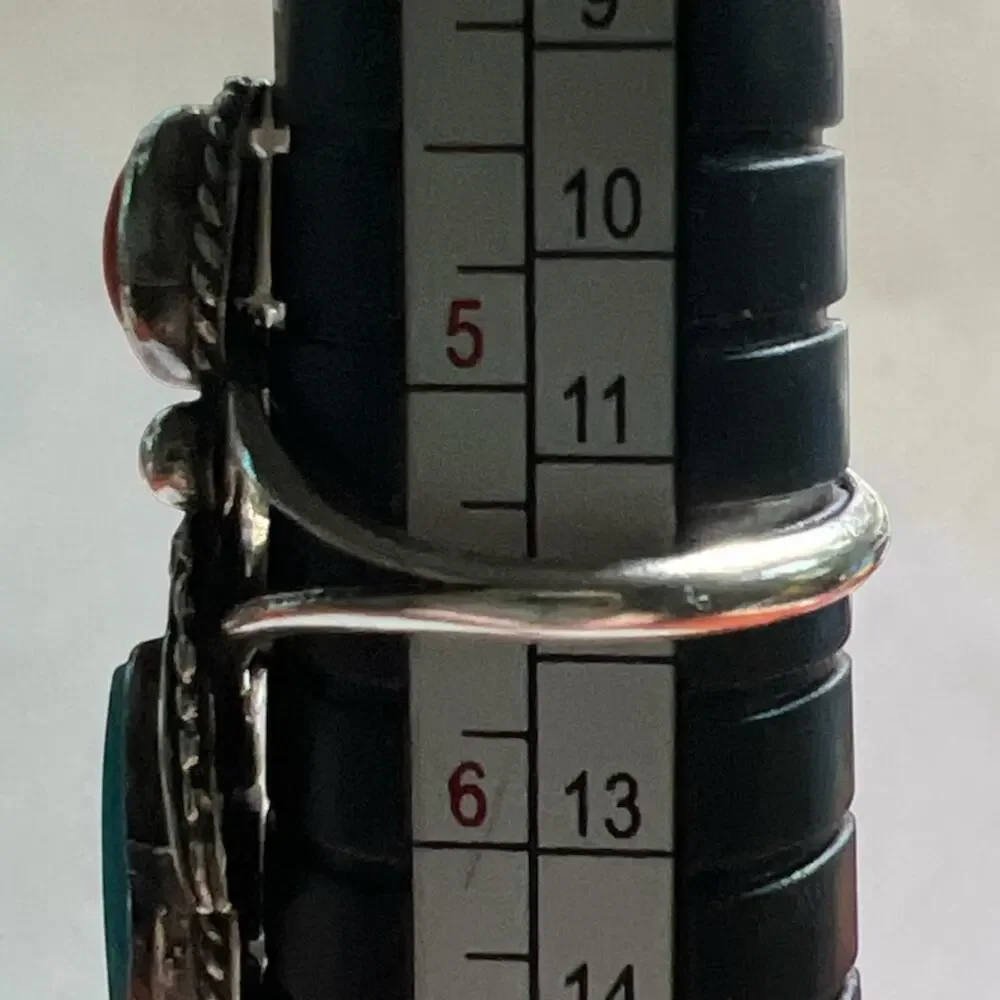 Vintage Navajo Style Sterling Silver Turquoise and Coral Two Stone Ring Size 5.5